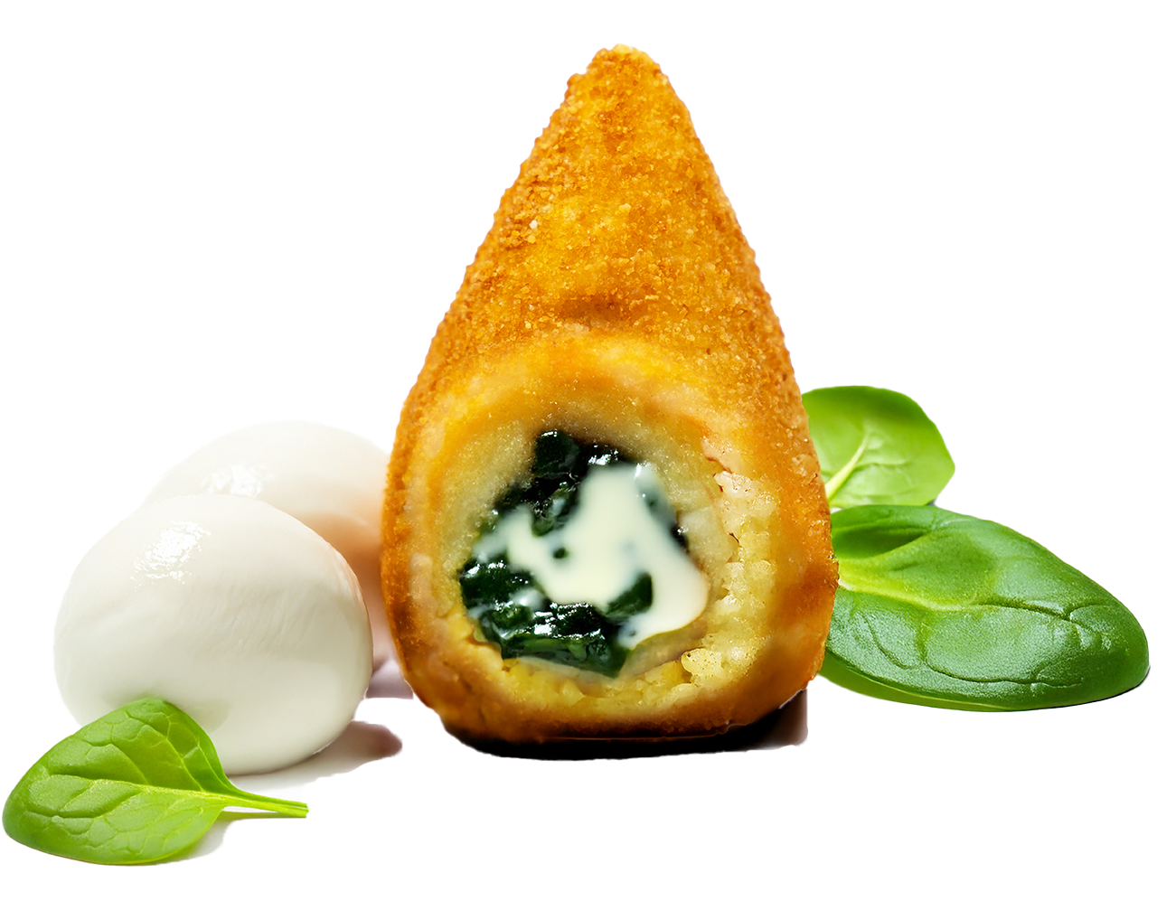 Arancino mit Spinat und Mozzarella dekoriert mit frischen Balsilikum