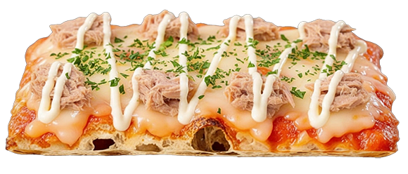 Pizza Thunfisch: frische krosse Pizza mit fruchtiger Tomatensoße, zart schmelzendem Mozzarella, herzhaftem Thunfisch, leichter Mayosoße, garniert mit frischer Petersilie